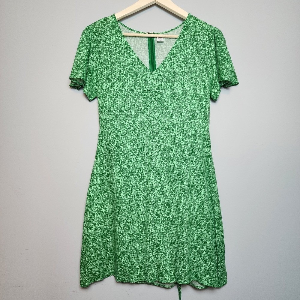 Twik par Simons Green White Micro Leaf Print V-Neck Short Sleeve Dress Size M